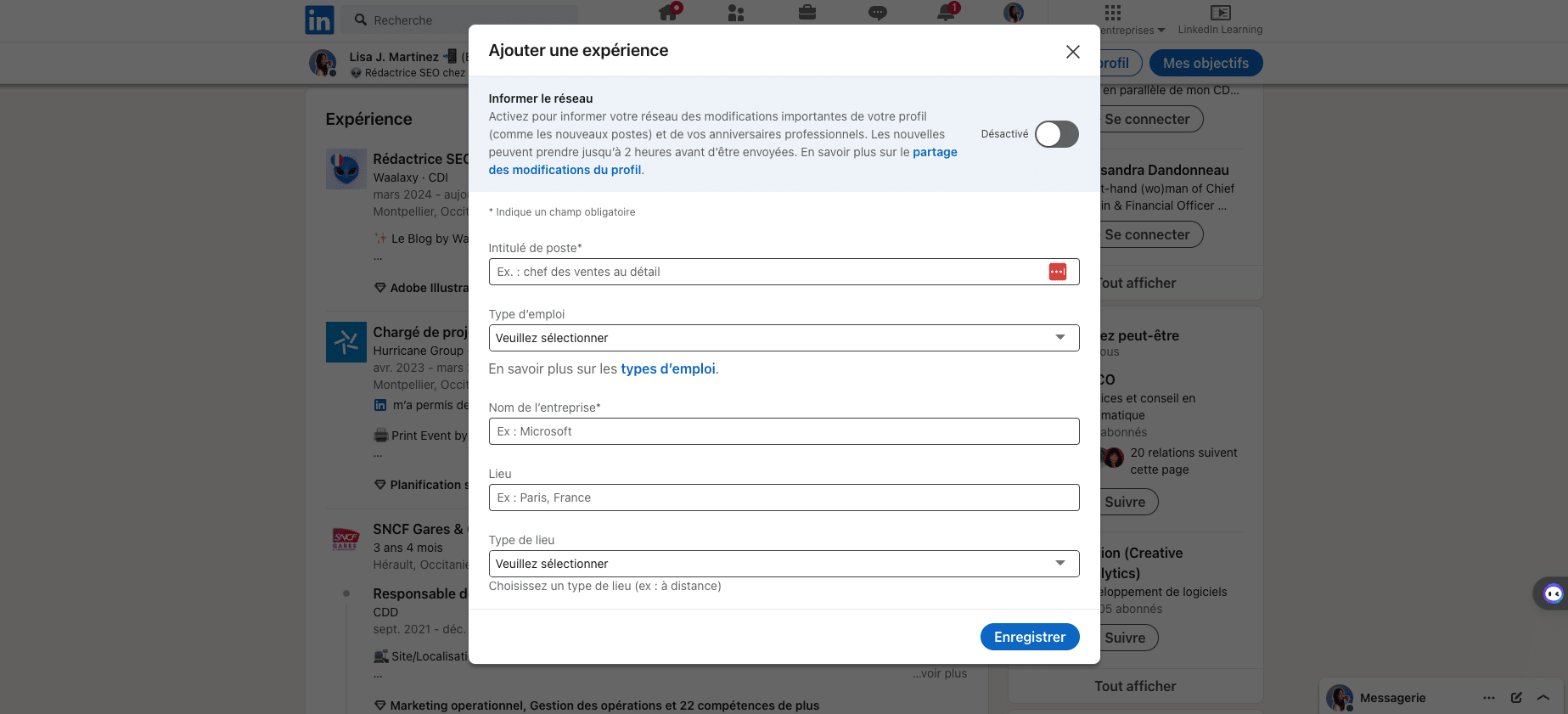 Ajouter une expérience, un emploi, une promotion sur LinkedIn.