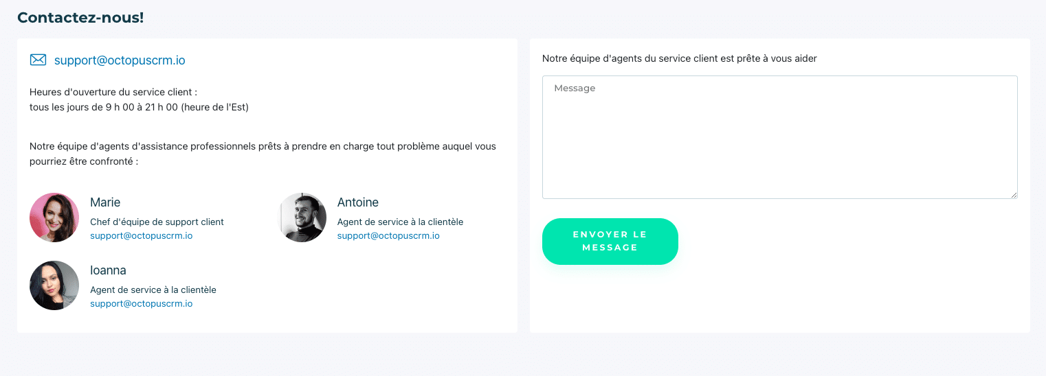 La page d'infos et de contact du support d'Octopus CRM