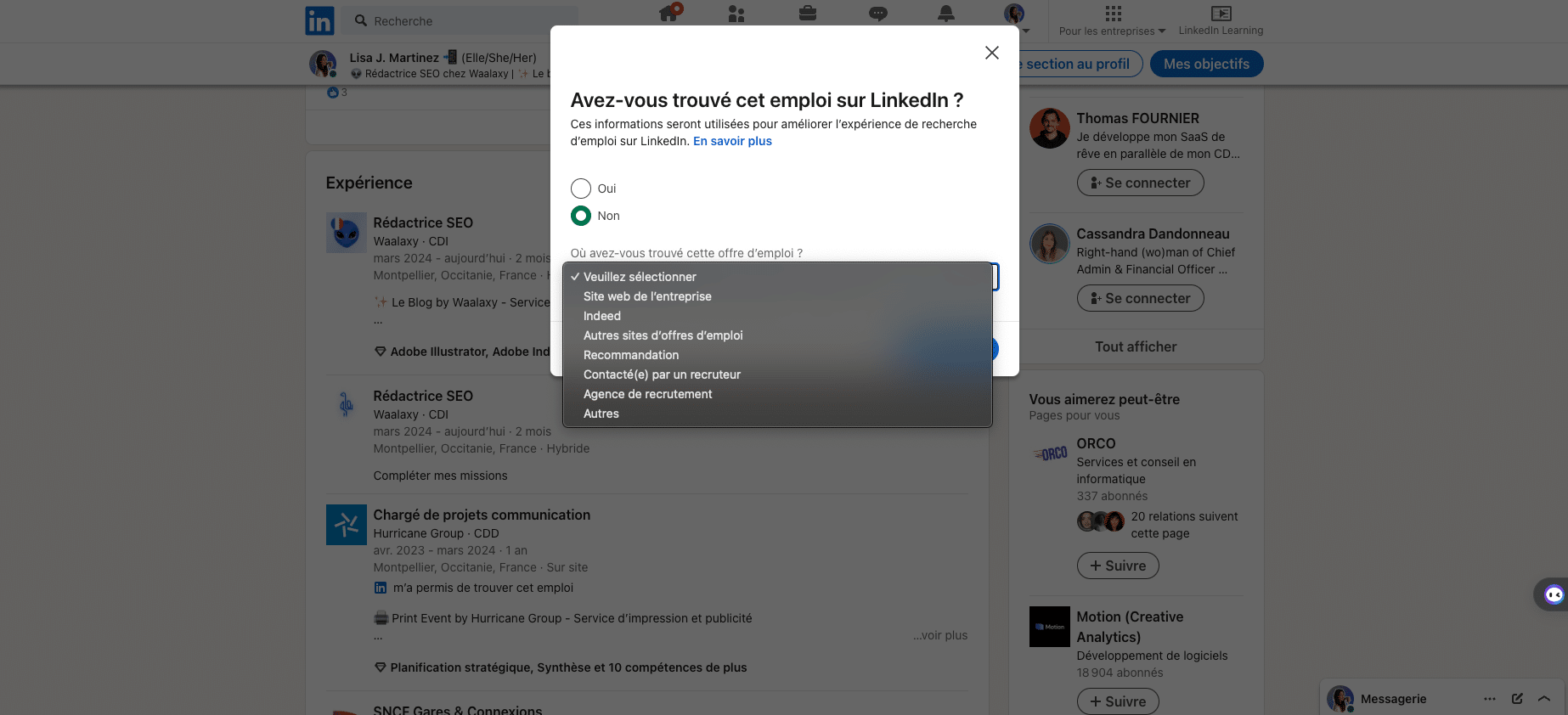 Ajout d'un emploi, une expérience, une promotion sur LinkedIn : Sondage LinkedIn "Non".