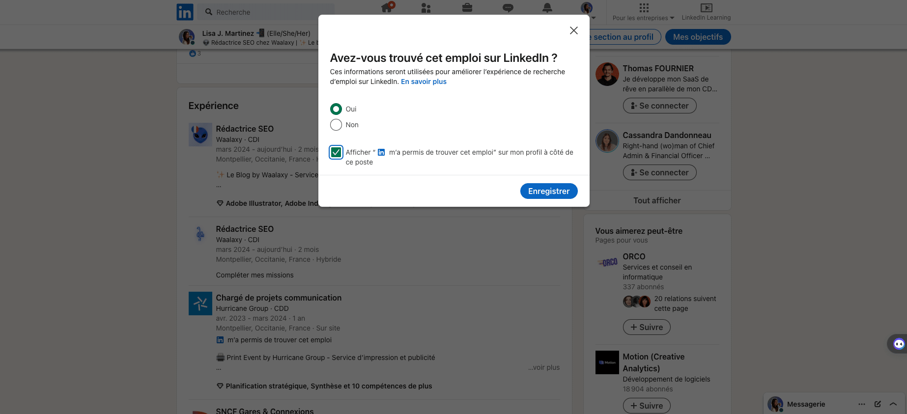 Ajout d'un emploi, une expérience, une promotion sur LinkedIn : Sondage LinkedIn "Oui".