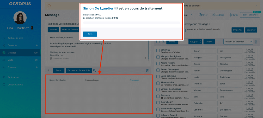 Campagne en cours de traitement sur Octopus CRM