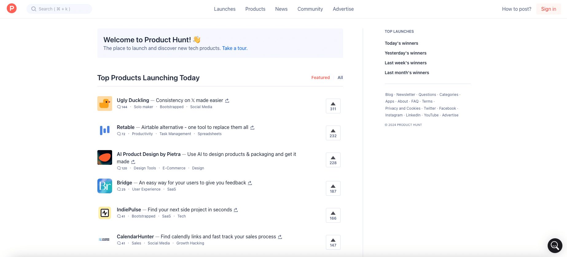 Product Hunt Home Page Overview