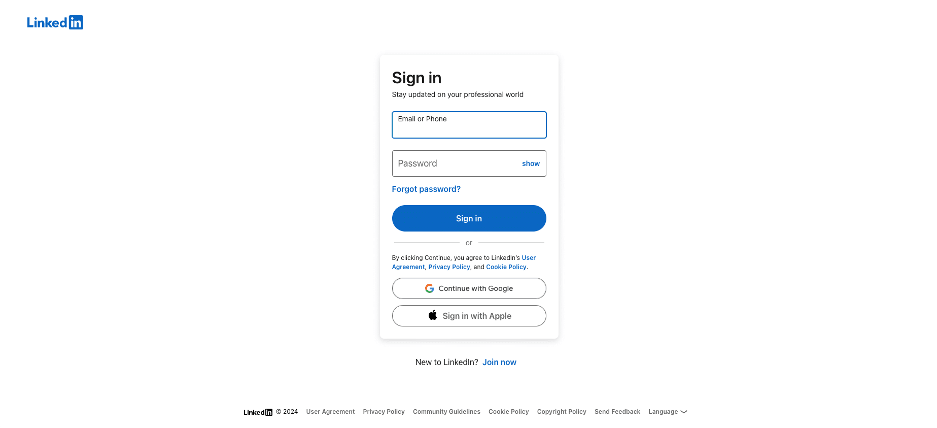 LinkedIn login page.