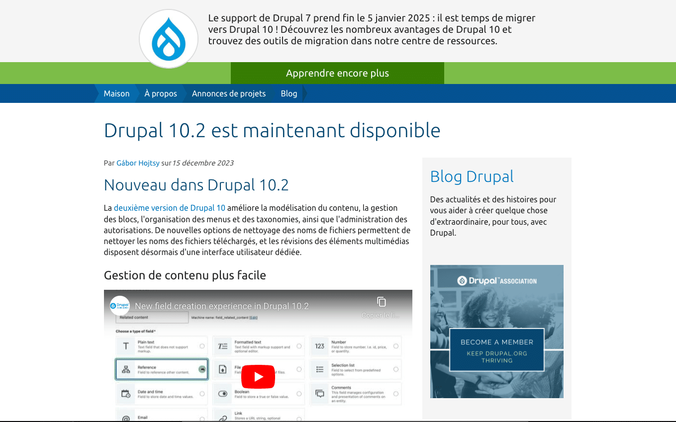 Aperçu de la page d'informations sur le lancement de l'outil Drupal 10.2