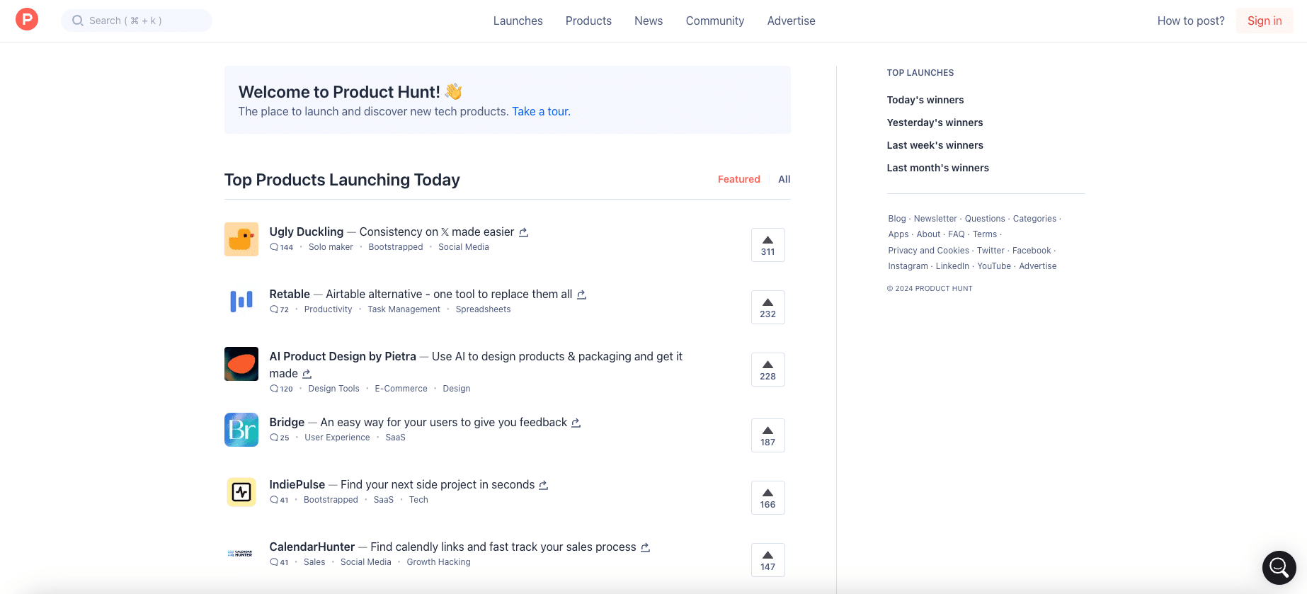 Aperçu de la page d'accueil du site ProductHunt