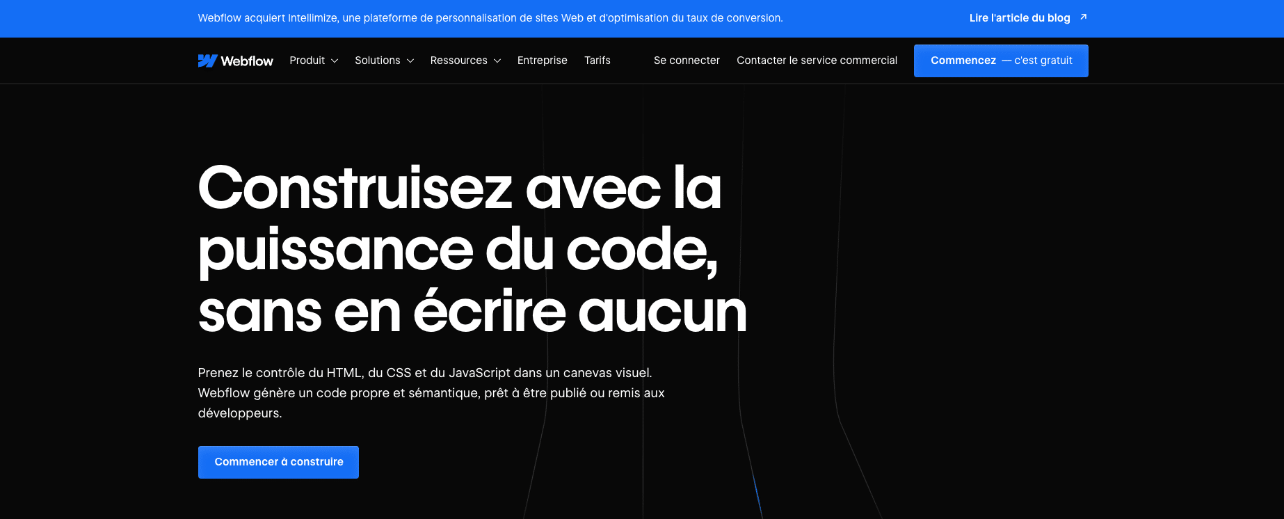 Aperçu de la page d'accueil de l'outil Webflow