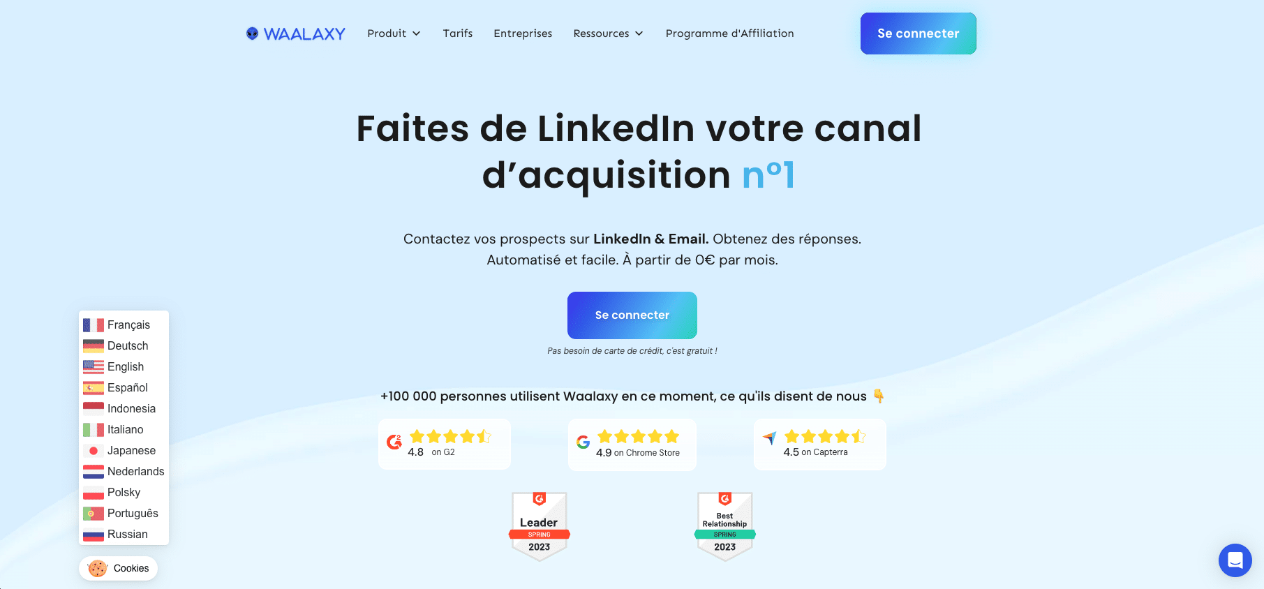 Aperçu de la page d'accueil de l'outil Waalaxy spécialisé en acquisition de leads.