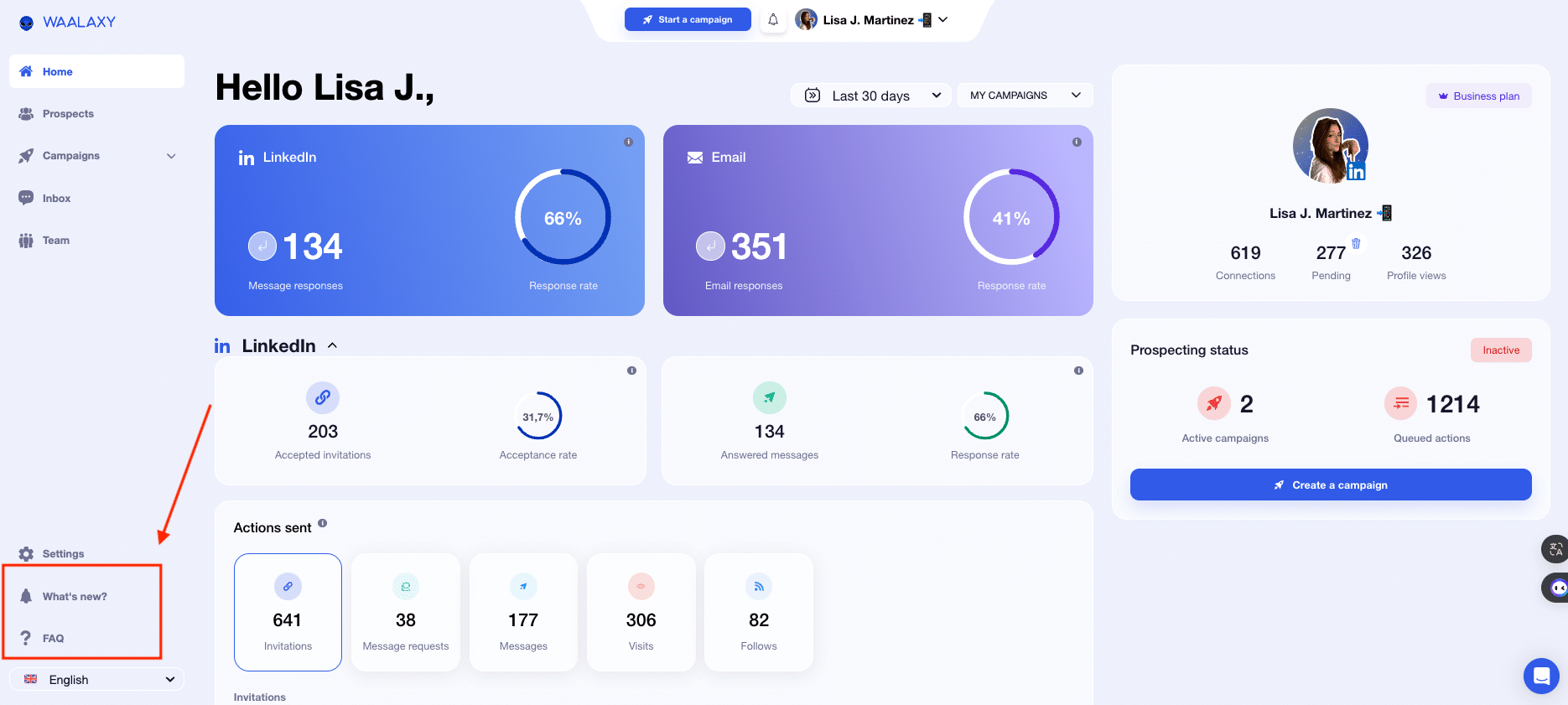 Recursos de acesso a partir do painel Waalaxy