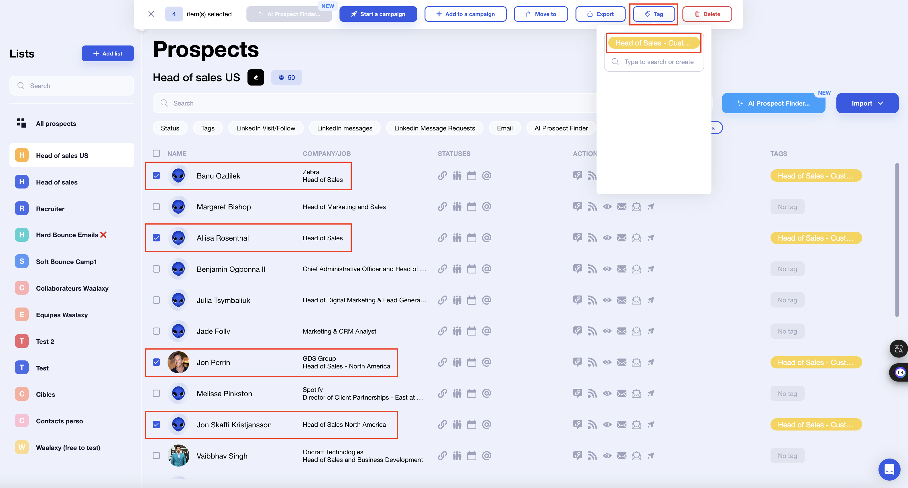 Canal de ventas: clasificación y etiquetado de prospectos en Waalaxy. 