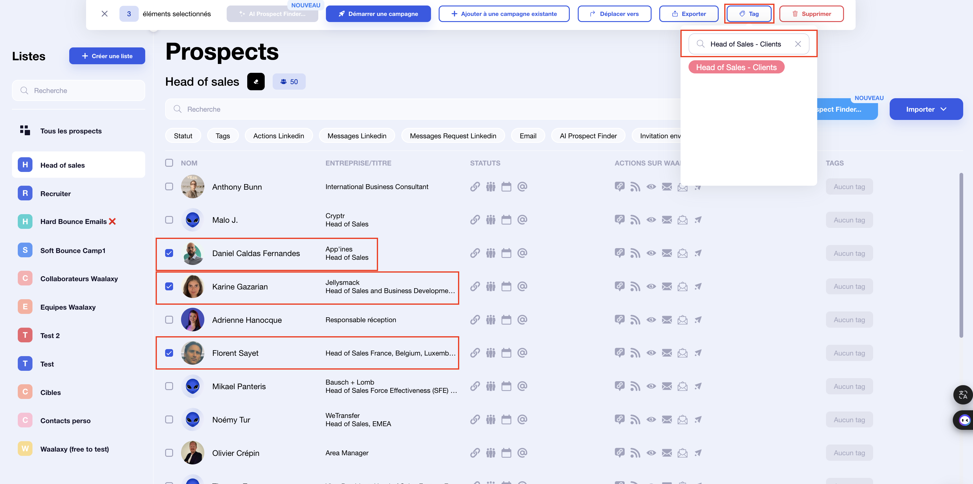 Pipeline commercial : tri et tag de prospects sur Waalaxy. 