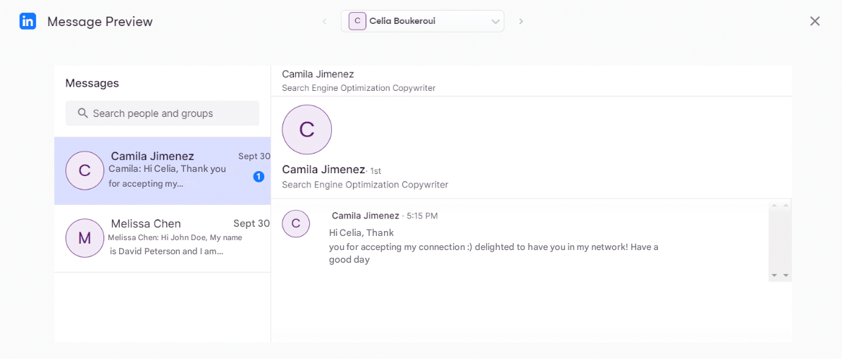 Screenshot of messaging interface with messages in conversation. French and English texts. Visible profiles. Application user interface.