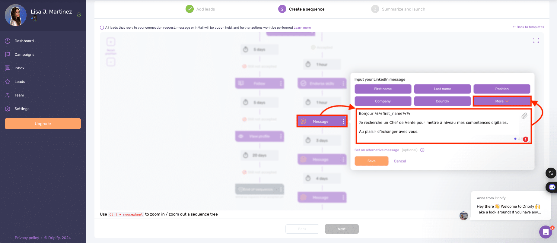 Waalaxy VS Dripify : Optimiser un message sur Dripify.