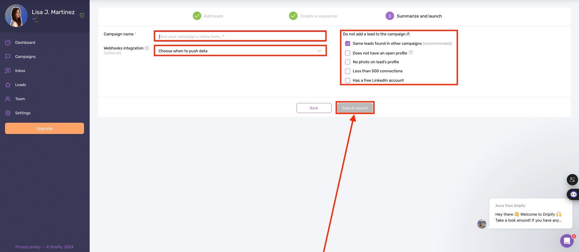 Waalaxy VS Dripify : Paramétrer et lancer une campagne sur Dripify.