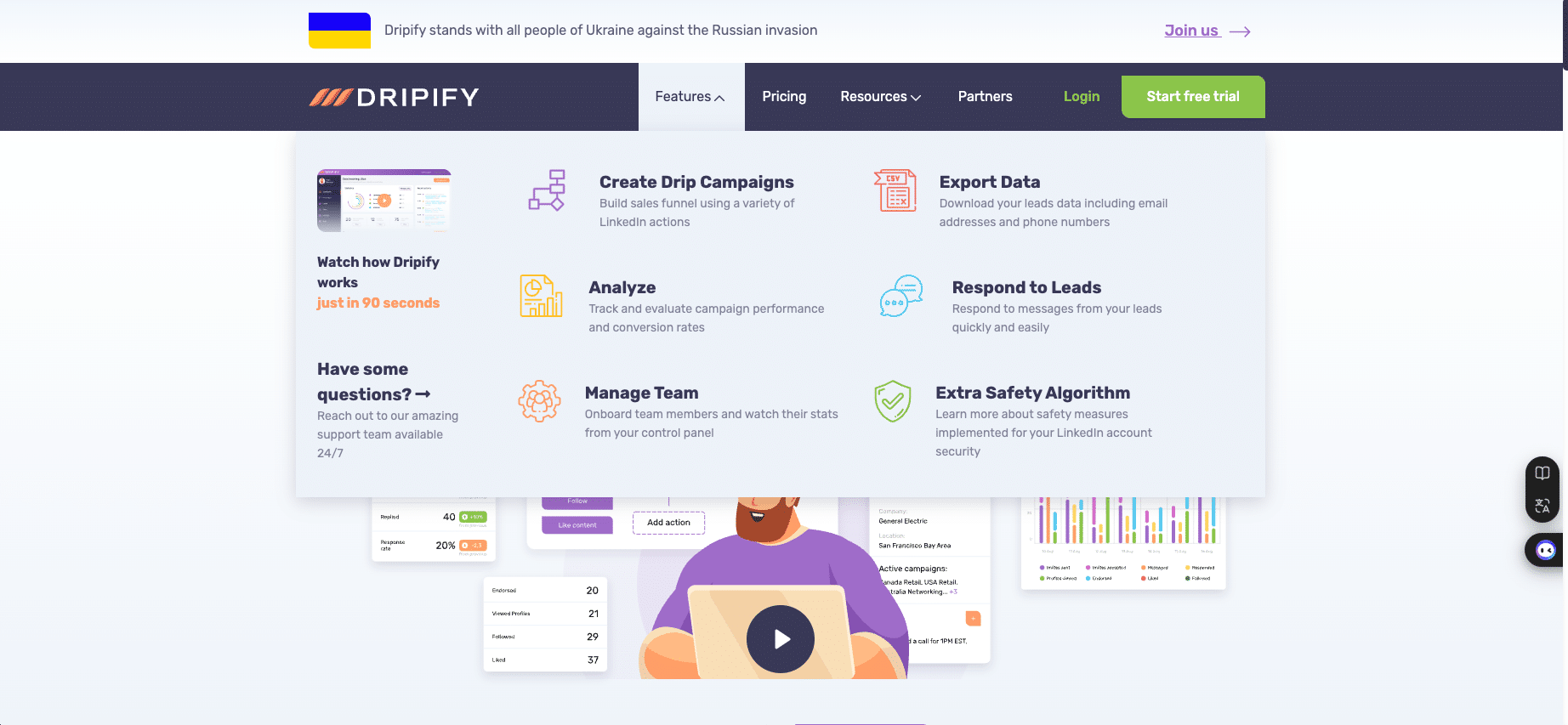 Waalaxy VS Dripify : Les fonctionnalités Dripify, mises en avant sur leur site.