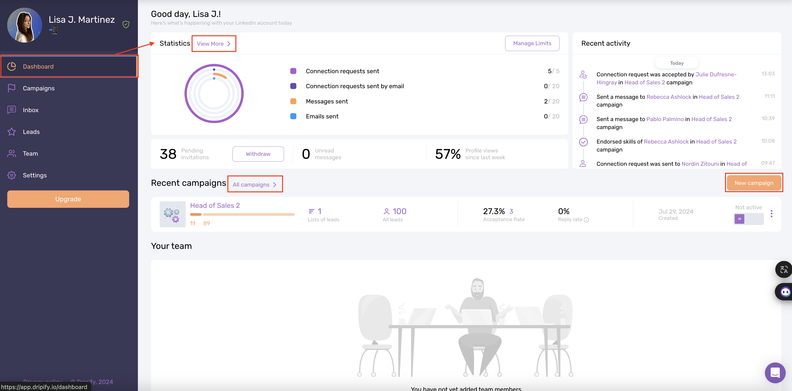 Waalaxy VS Dripify : Zugriff auf Statistiken und Ergebnisse von Kampagnen auf Dripify