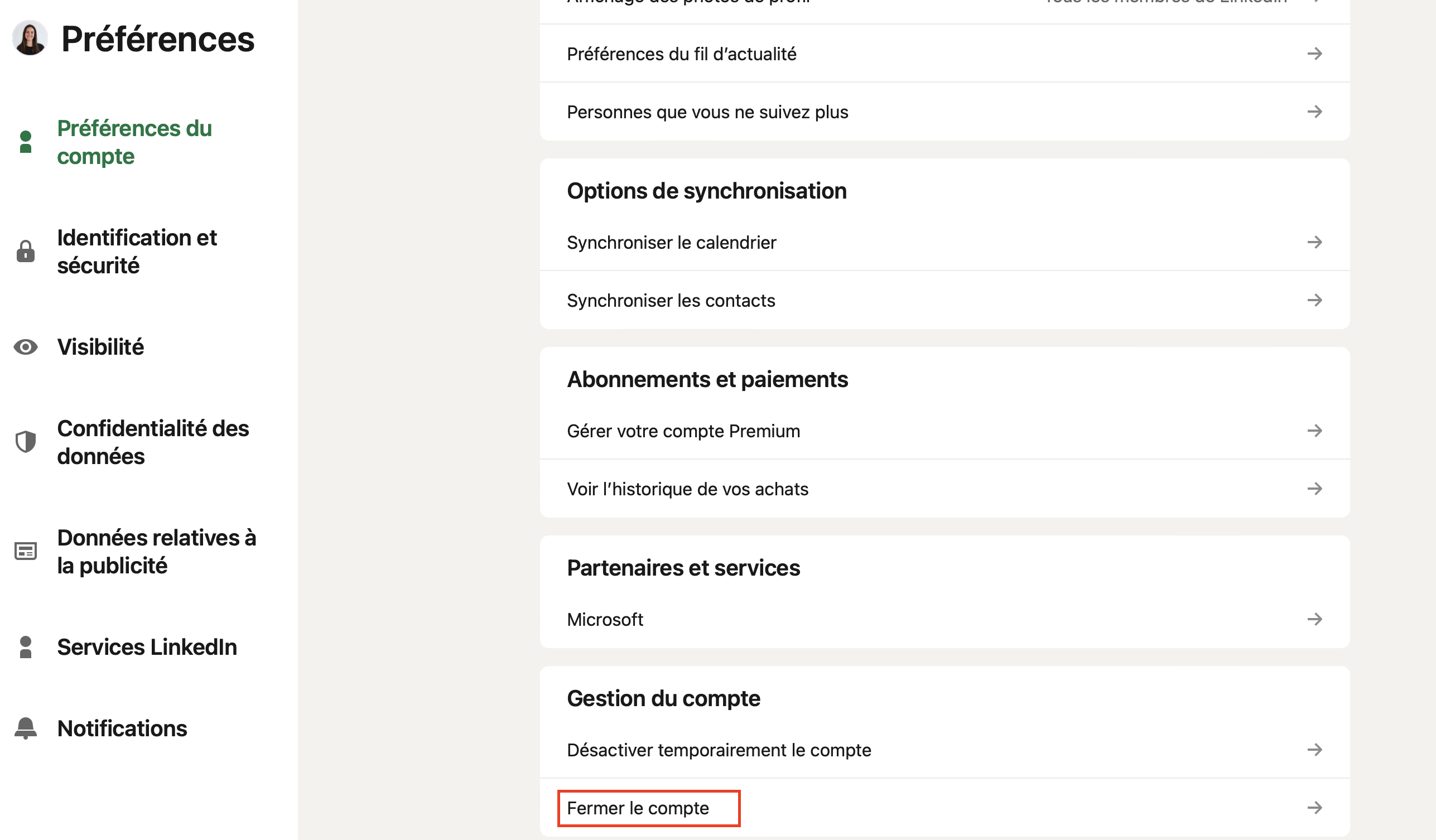 LinkedIn Login fermer le compte 
