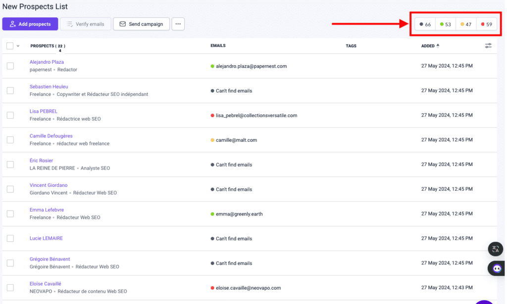 Resultados do Localizador de e-mails Snov.io