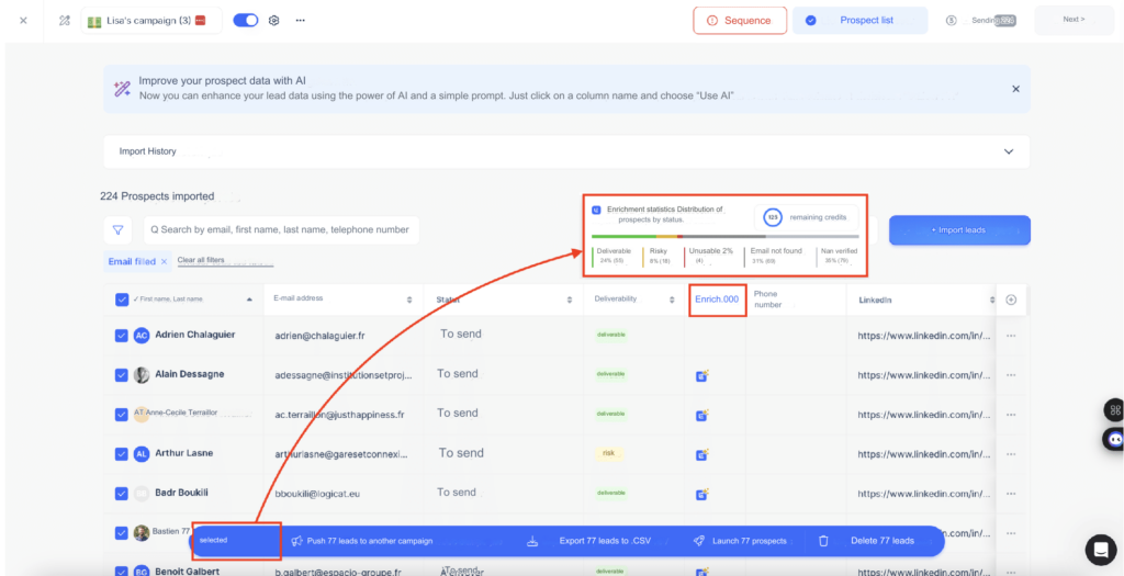 Resultados do Localizador de e-mails na Lemlist