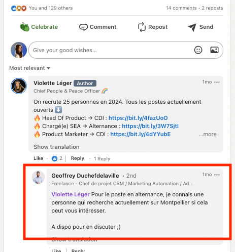 LinkedIn Outreach : Exemple d'une publication de commentaires.