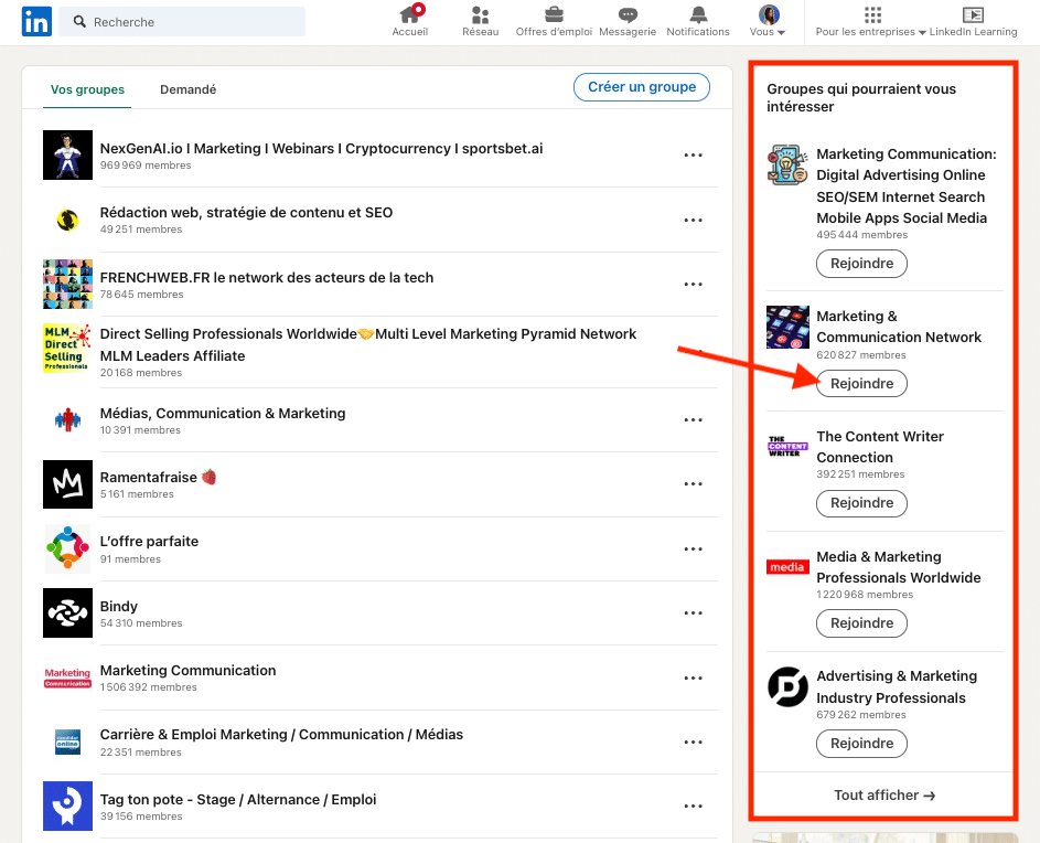 LinkedIn Outreach : groupes LinkedIn suivi et suggestion de groupe qui pourrait nous intéresser.