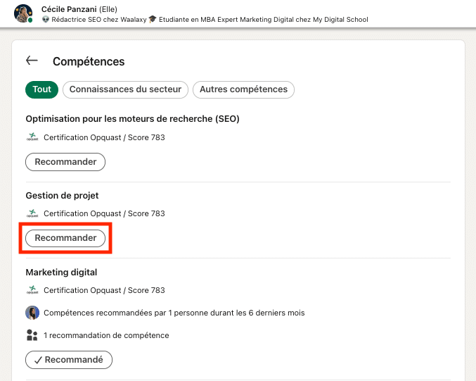 LinkedIn Outreach : recommandation de compétences.