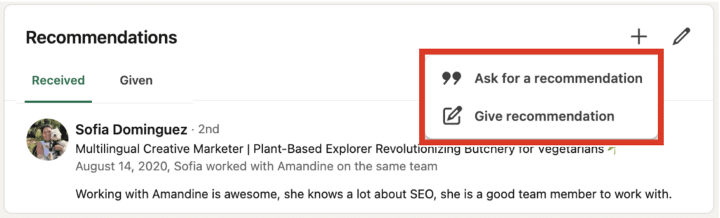 LinkedIn Outreach : add a LinkedIn profile recommendation (method and example).