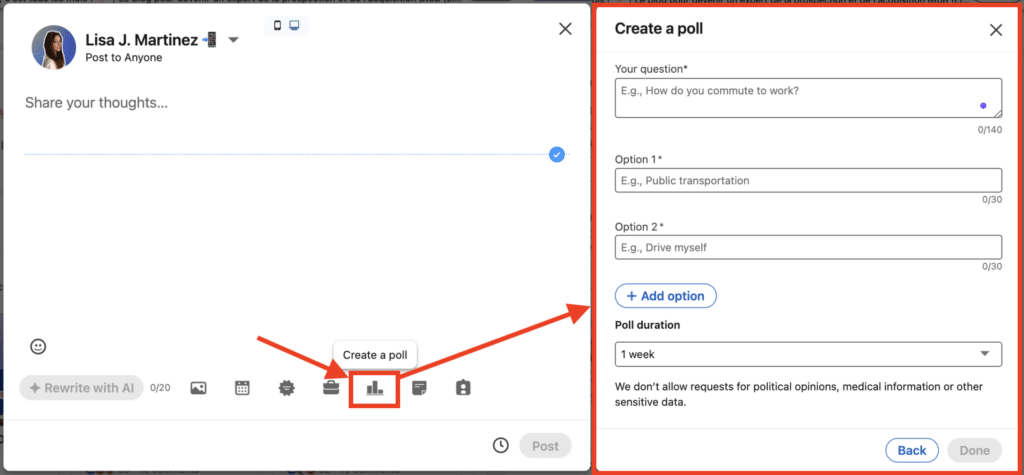 LinkedIn Outreach: Create surveys on LinkedIn.