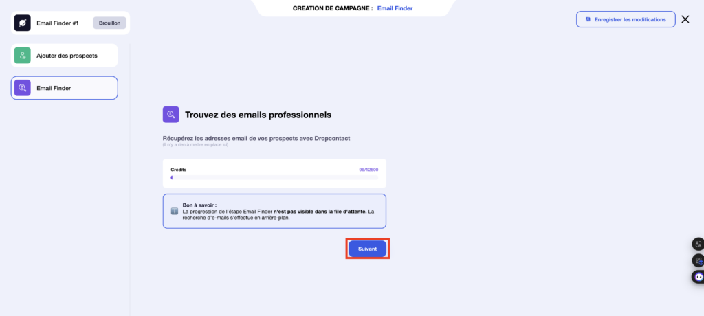 Email Finder : Récapitulatif de crédits.