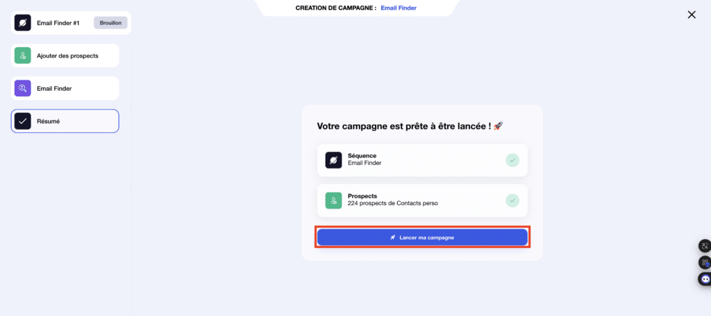 Email Finder : Récapitulatif de campagne.