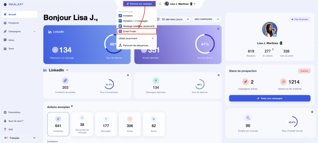 Lancer une campagne <strong>Email</strong> Finder Waalaxy.