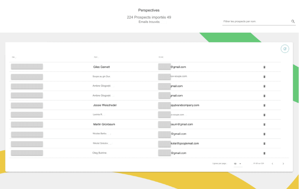 Résultats Email Finder sur Dux-soup.