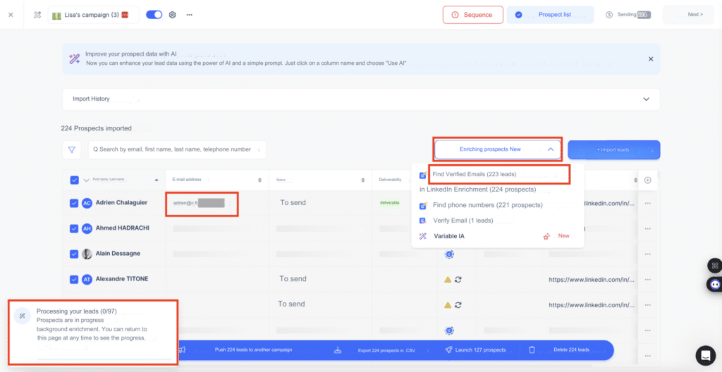 Email Finder Snov.io, enrichment in progress.