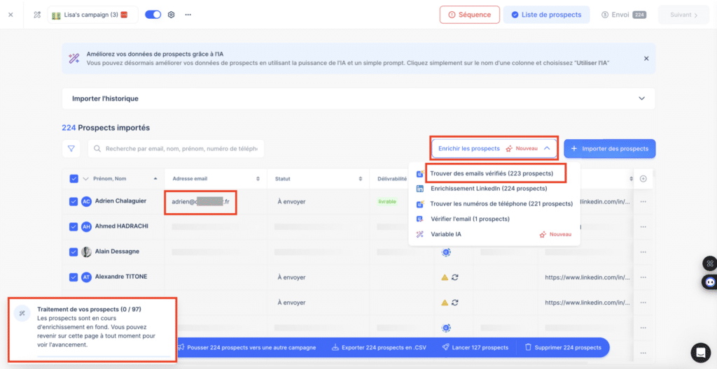 Email Finder Snov.io, enrichissement en cours.