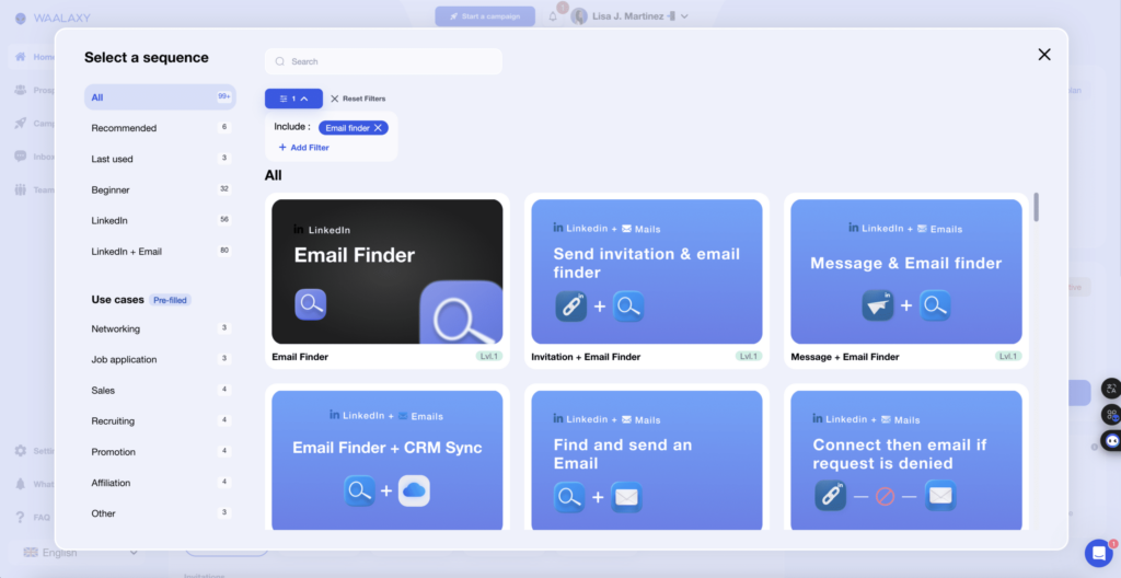 Selezione della sequenza di azioni multicanale con Email Finder