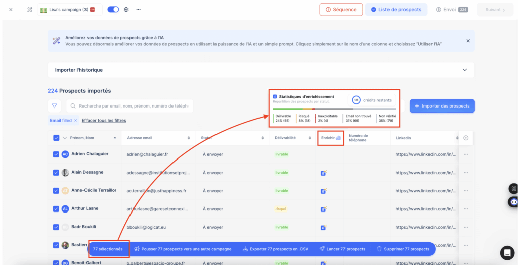 Email Finder results on Lemlist.