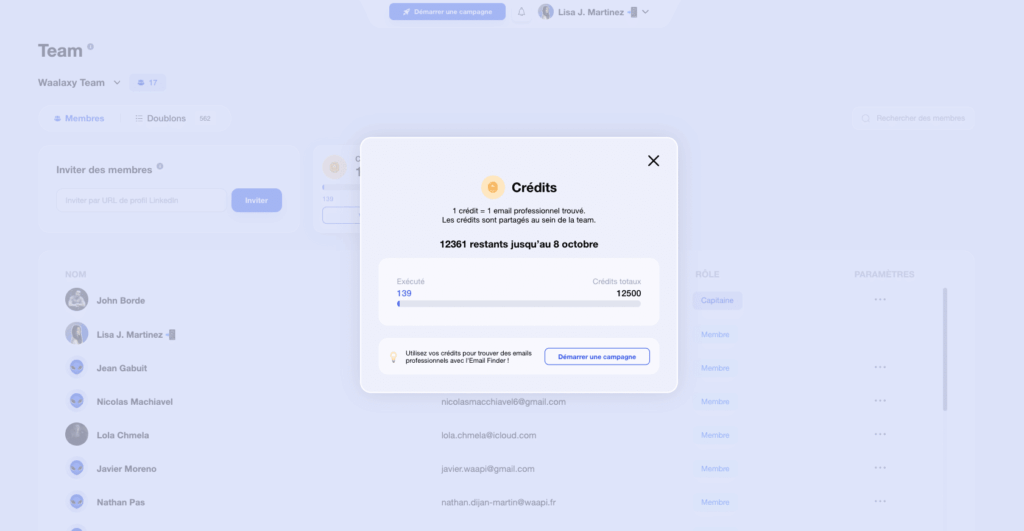E-mail Finder Waalaxy: krediet teller.
