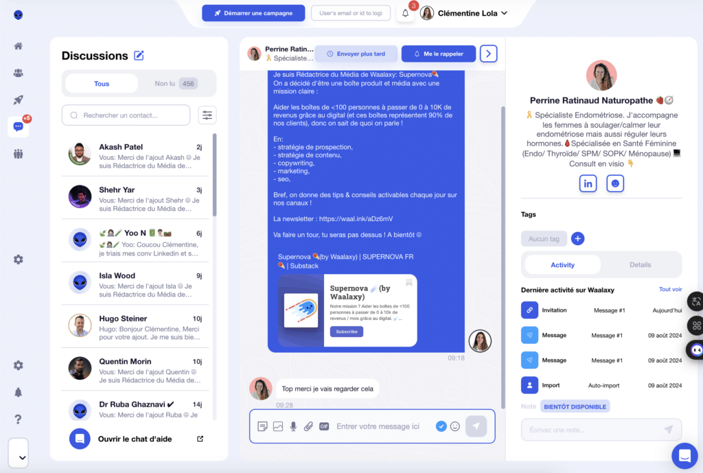 LinkedIn Outreach : L'inbox Waalaxy pour gérer vos conversations.