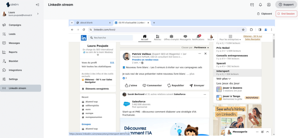 Interface de fluxo do Linkedin no Leadin