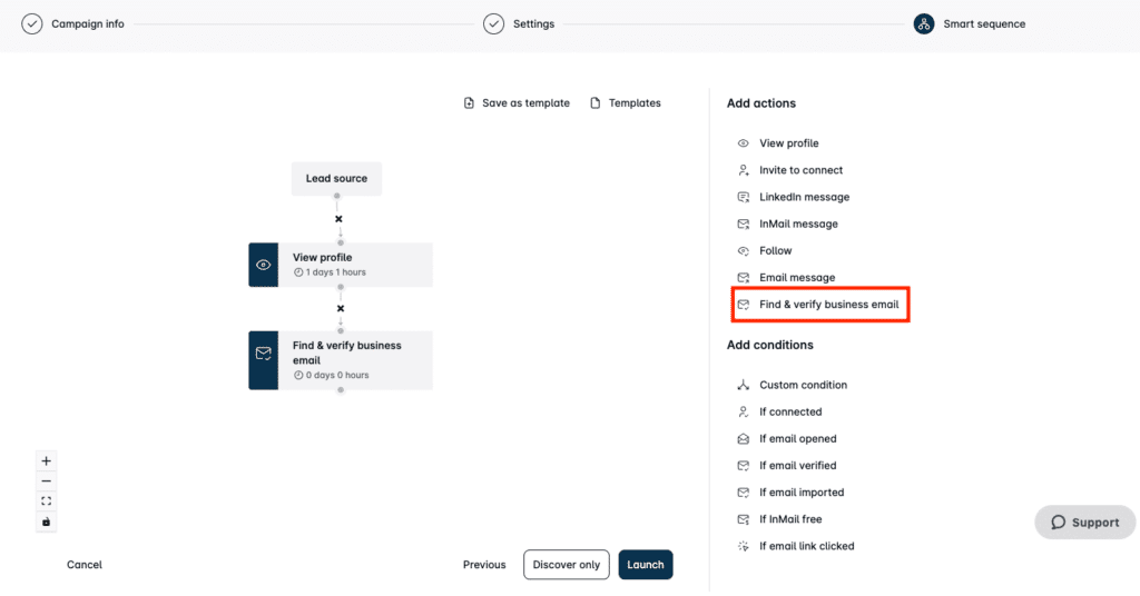 Interface de criação de sequências para criar uma campanha de procura de correio eletrónico