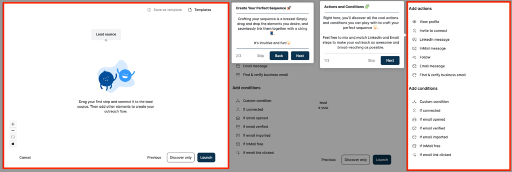 Interface de criação da sequência de acções da campanha Leadin