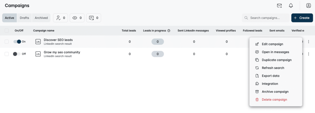 Interface para a gestão de campanhas em curso no Leadin