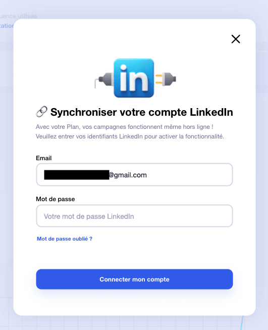 fenêtre pour synchroniser son compte Linkedin à Waalaxy