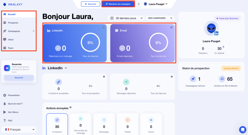 Interface principale de l'outil de prospection automatisée Waalaxy