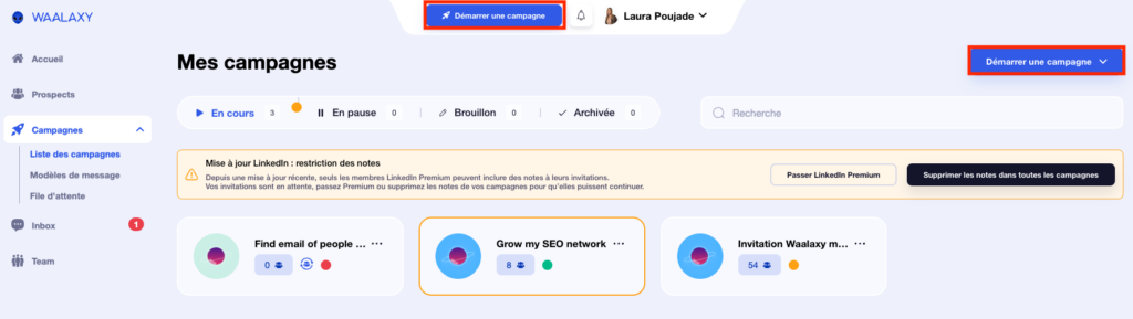 Interface des listes de campagnes sur l'outil de prospection Waalaxy