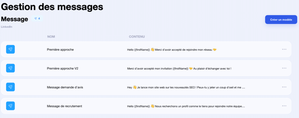 Interface de gestion des messages de campagne dans Waalaxy