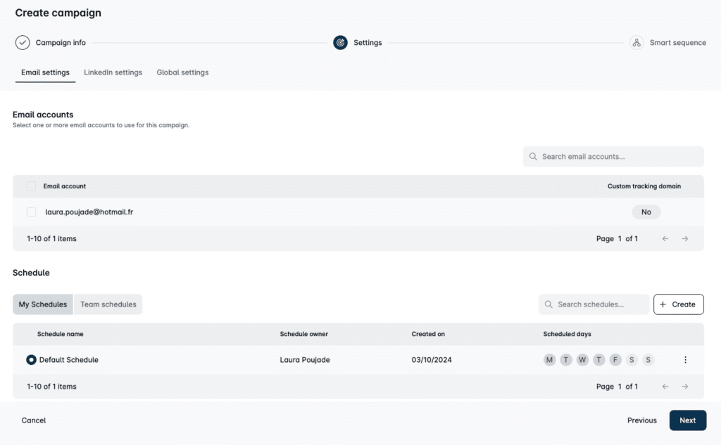 Interface de paramétrage de sa campagne de prospection sur Leadin