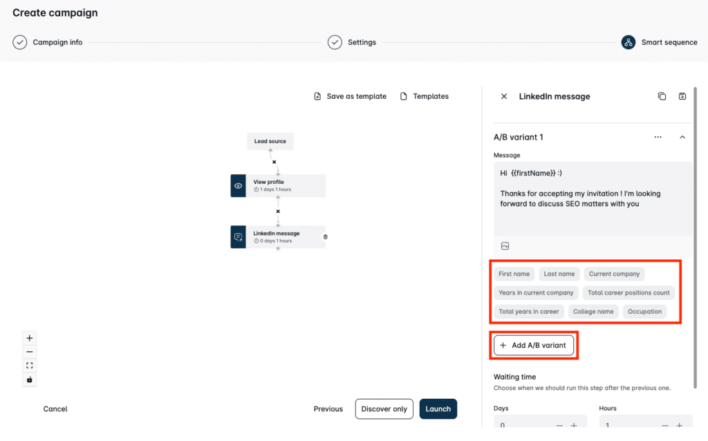 Interface de création de message lors de la personnalisation de séquence sur Leadin