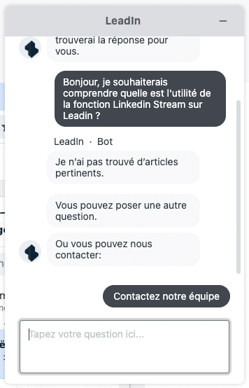 Chatbot Leadin et discussion avec le robot pour trouver une réponse sur le Linkedin stream