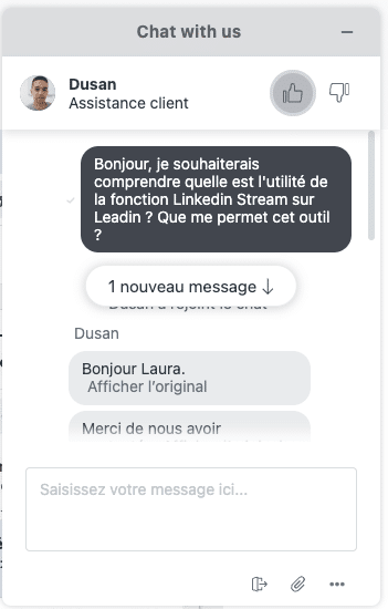 Chatbot Leadin et échanges avec le suport client concernant le Linkedin stream