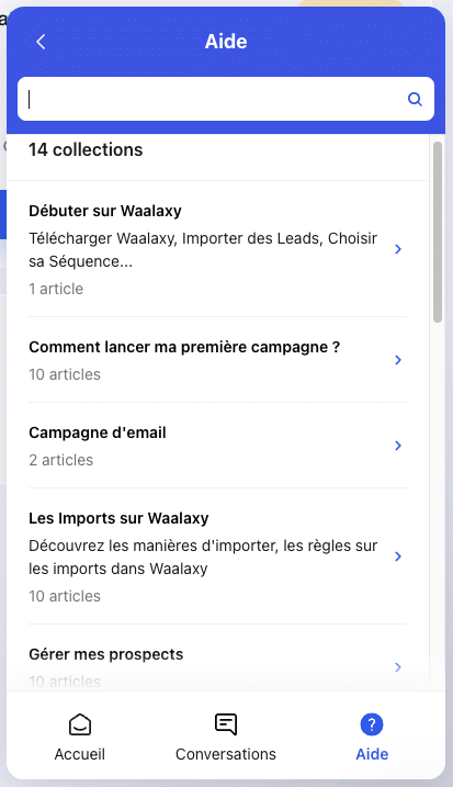 Chatbot de l'outil Waalaxy avec catégories d'articles pour répondre aux questions